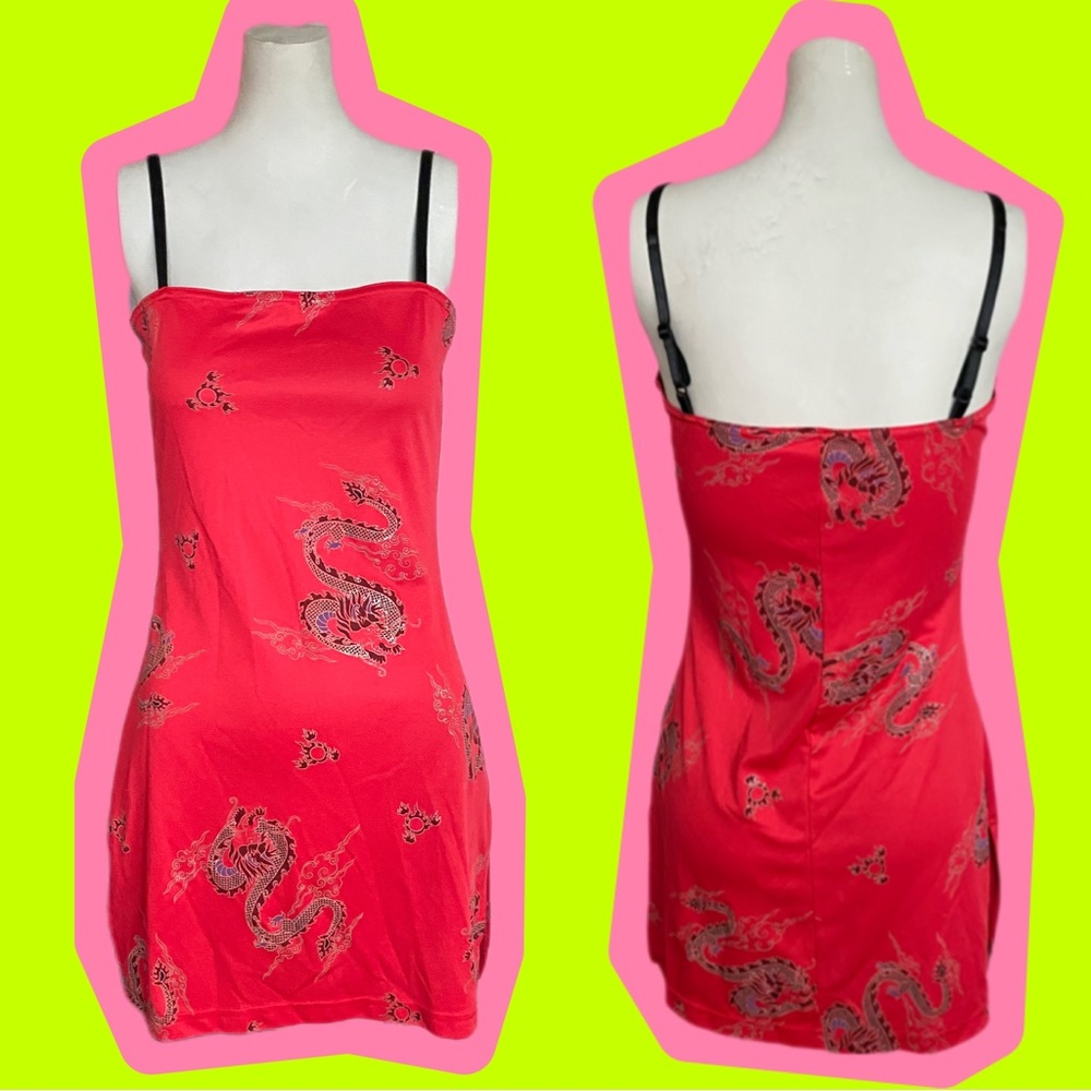 90s Chinese Dragon Red Mini dress - Picture 1 of 7
